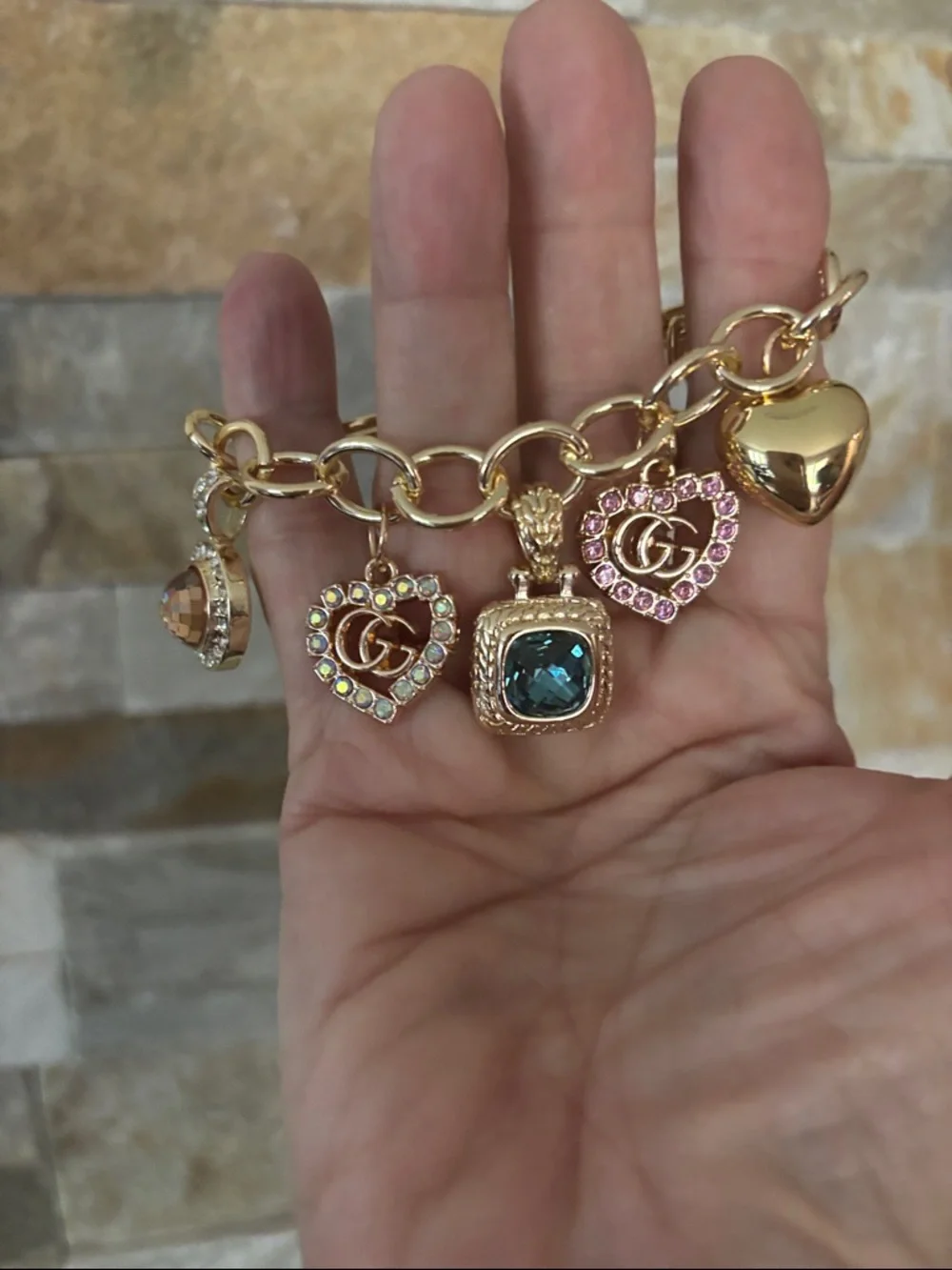 Gold-Tone Charm Bracelet with Multicolor GG Crystal Hearts - Picture 2 of 6